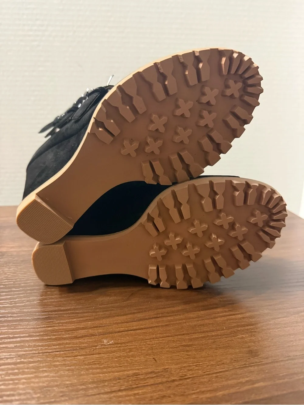 New! Paolo Black Suede Multi-Buckle Wedge Sandals Size 10